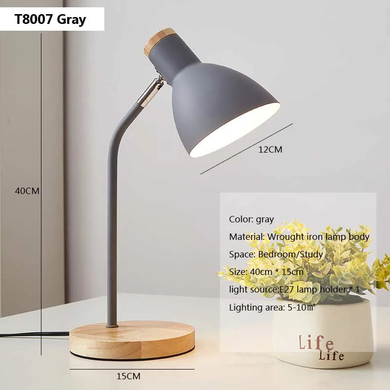 Nordic Wooden Desk Lamp, Adjustable LED Reading Light with E27 Bulb Base, Eye-Caring Bedside Table Lamp for Bedroom, Living Room, Office