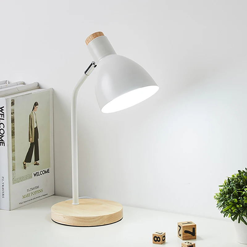 Nordic Wooden Desk Lamp, Adjustable LED Reading Light with E27 Bulb Base, Eye-Caring Bedside Table Lamp for Bedroom, Living Room, Office