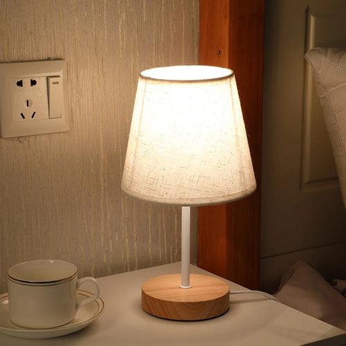 Modern Wood Table Lamp, USB Powered Nightstand Lamp with Fabric Shade, Eye-Caring Warm White Bedside Light for Bedroom, Dorm, Living Room