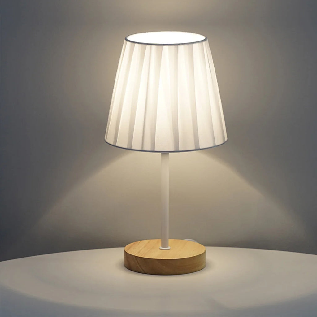 Modern Wood Table Lamp, USB Powered Nightstand Lamp with Fabric Shade, Eye-Caring Warm White Bedside Light for Bedroom, Dorm, Living Room