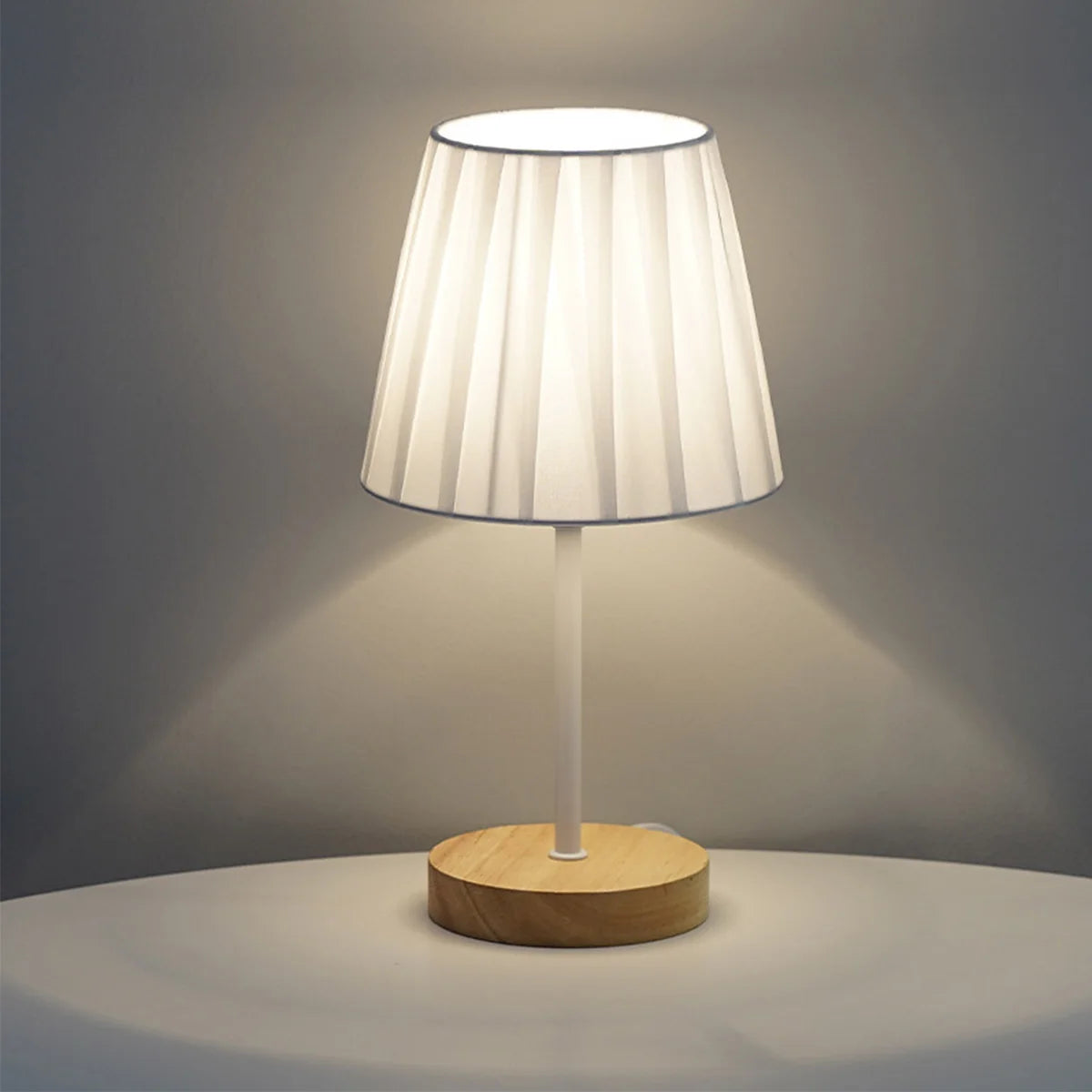 Modern Wood Table Lamp, USB Powered Nightstand Lamp with Fabric Shade, Eye-Caring Warm White Bedside Light for Bedroom, Dorm, Living Room