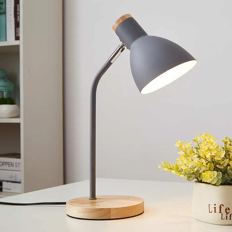 Nordic Wooden Desk Lamp, Adjustable LED Reading Light with E27 Bulb Base, Eye-Caring Bedside Table Lamp for Bedroom, Living Room, Office